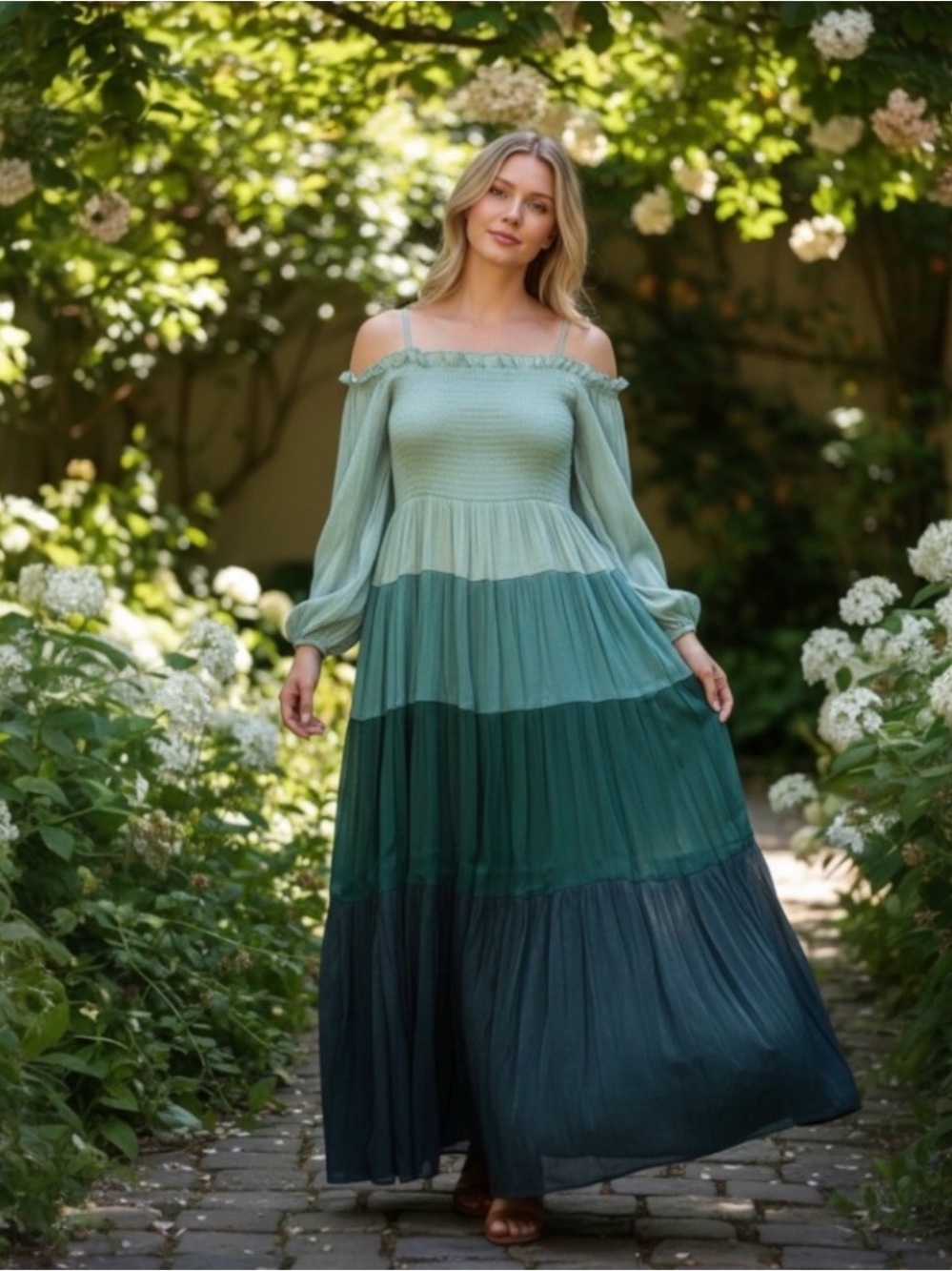 Smocked Off-Shoulder Tiered Maxi Dress in Gradient Green